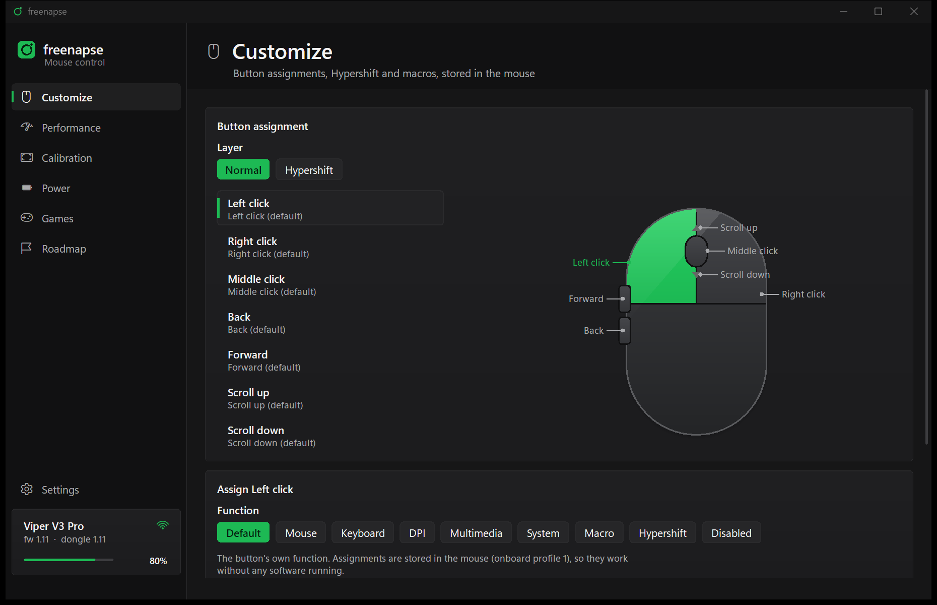 The freenapse settings window on the Customize page: a list of the seven buttons with their assignments and a drawing of the mouse with the left button highlighted